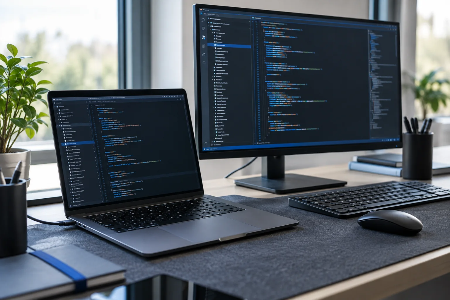 Equipo de desarrollo con código en pantalla; imagen ilustrativa de software a medida